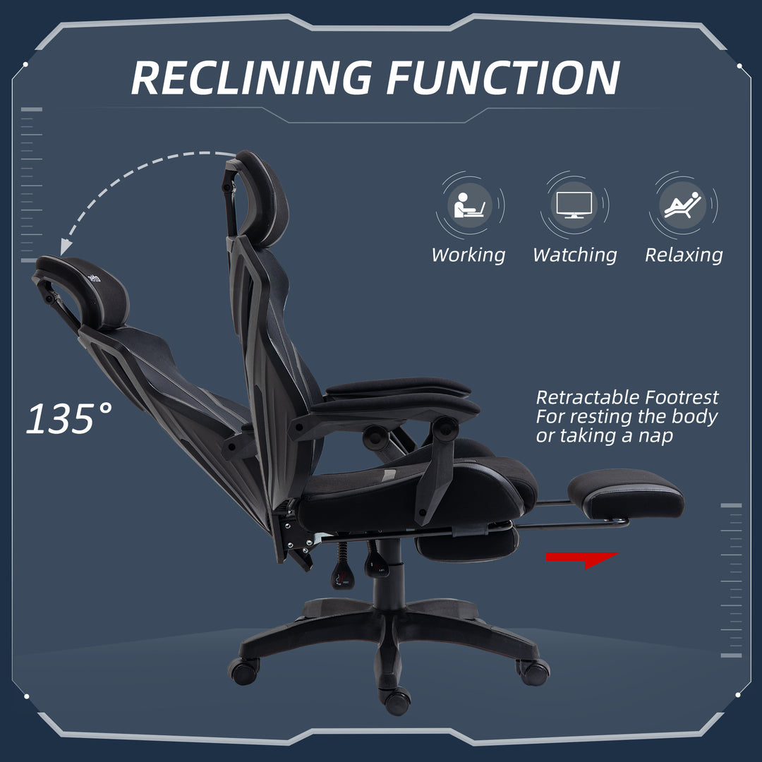 Vinsetto Gaming Chair, Ergonomic Computer Chair with Footrest, Headrest, Recliner Swivel Seat with Adjustable Height, Black