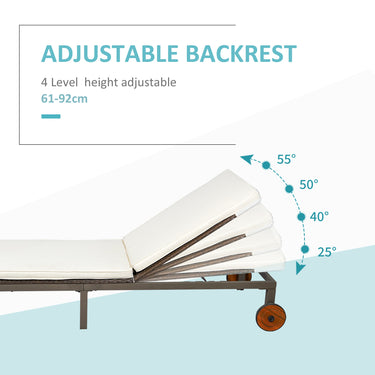 Outsunny Patio Rattan Sun Lounger with 4-Level Adjustable Backrest and Wheels, Wicker Chaise Lounge Chair with Cushion, for Patio, Deck, Poolside Cream White