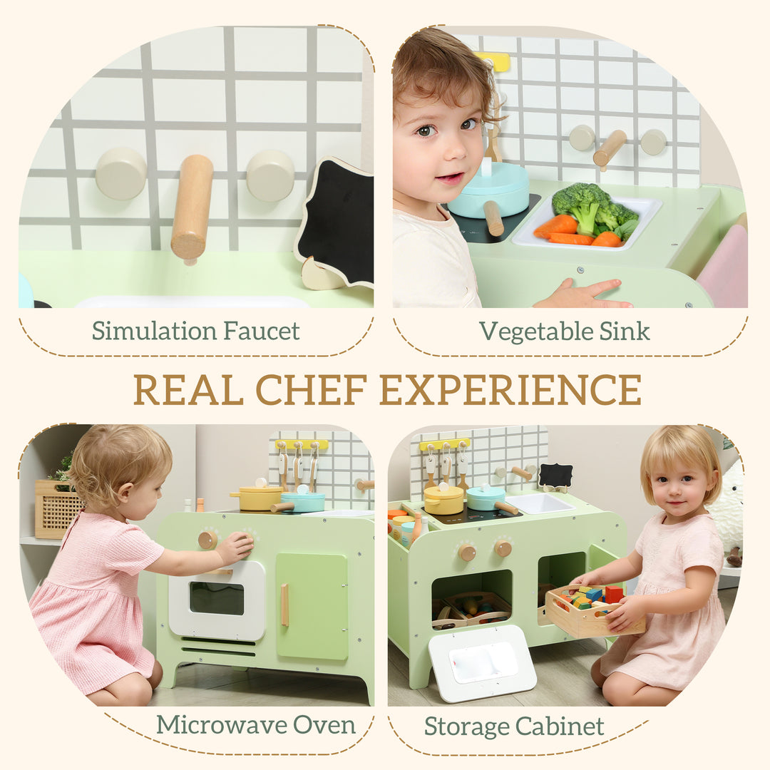 Qaba Kids Kitchen Playset with 15 Accessories, Microwave Oven, Cabinets, for Boys and Girls Ages 3+, Green