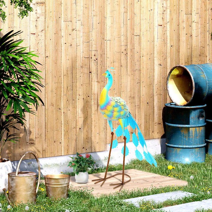 Outsunny Peacock Garden Statue, 32.7" Standing Lawn Ornament, Steel Garden Decor Bird Statue with Stakes for Lawn Patio Backyard Decoration, Mixed Colour