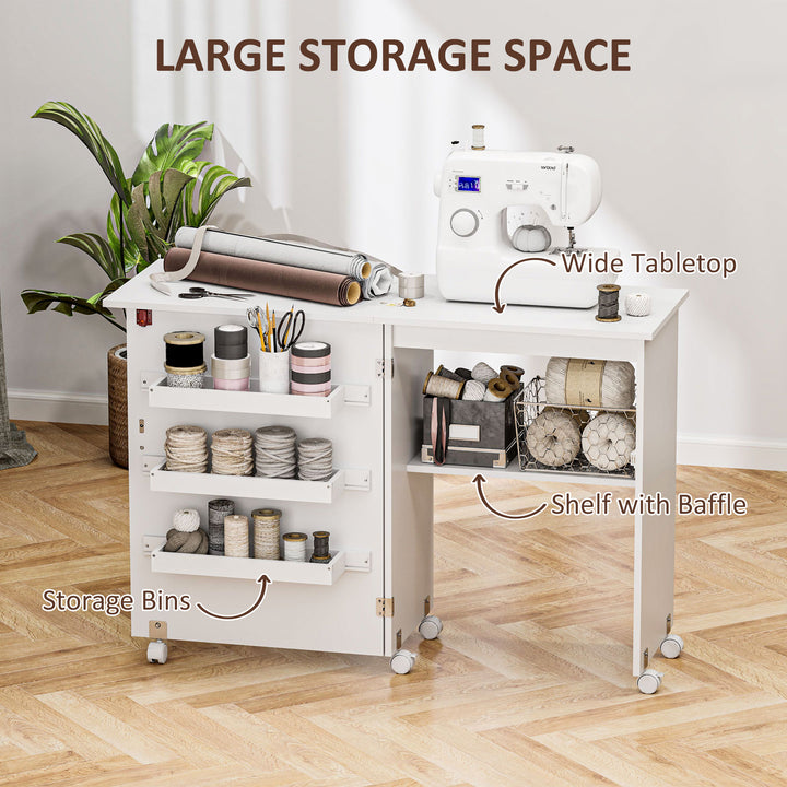 HOMCOM Sewing Machine Cabinet, Folding Sewing Table with Storage Shelf, Bins and Lockable Wheels for Small Space, White