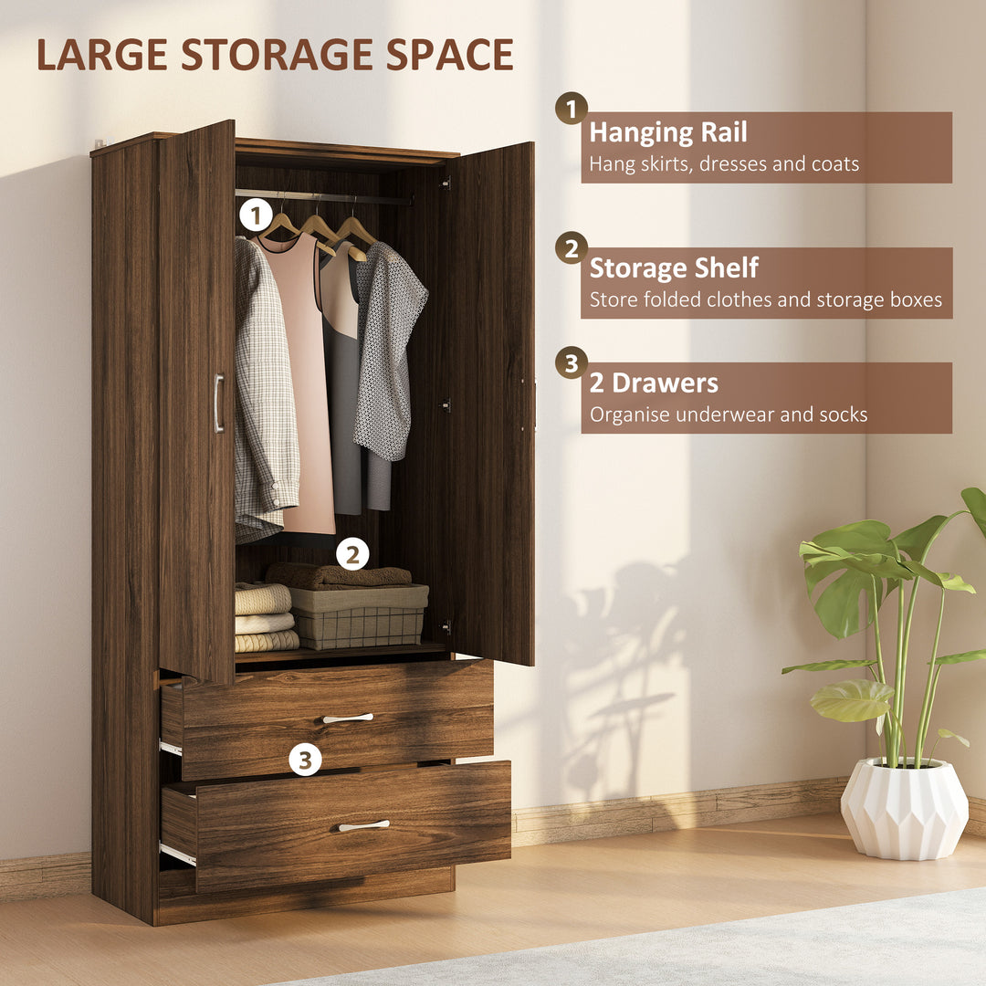 HOMCOM Wardrobe Closet Armoire with Hanging Rod and 2 Doors, Clothes Storage Organizer with 2 Drawers for Bedroom, Oak