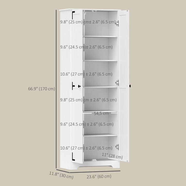 HOMCOM 67" Farmhouse Pantry Cabinet with 2 Doors, Tall Storage Cabinet with Adjustable Shelves, Distressed White