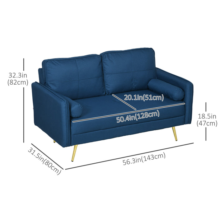 HOMCOM 56" Loveseat Sofa for Bedroom Upholstered 2 Seater Couch with Back Cushions and Pillows, Blue