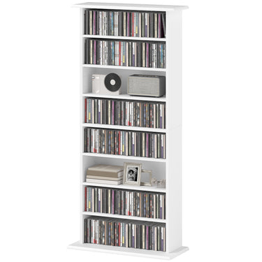 HOMCOM 8-Tier DVD Shelf with 6 Adjustable Shelves, Slim CD Shelf, Holds 360 CDs, 185 DVDs or 185 Blu-rays, White
