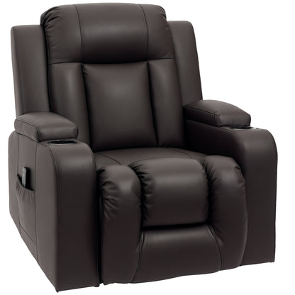 HOMCOM Swivel Massage Recliner Chair Rocker, Overstuffed Manual Reclining Sofa, PU Leather Rocking Chair with Side Pockets, Cup Holders, for Living Room, Nursery, Brown
