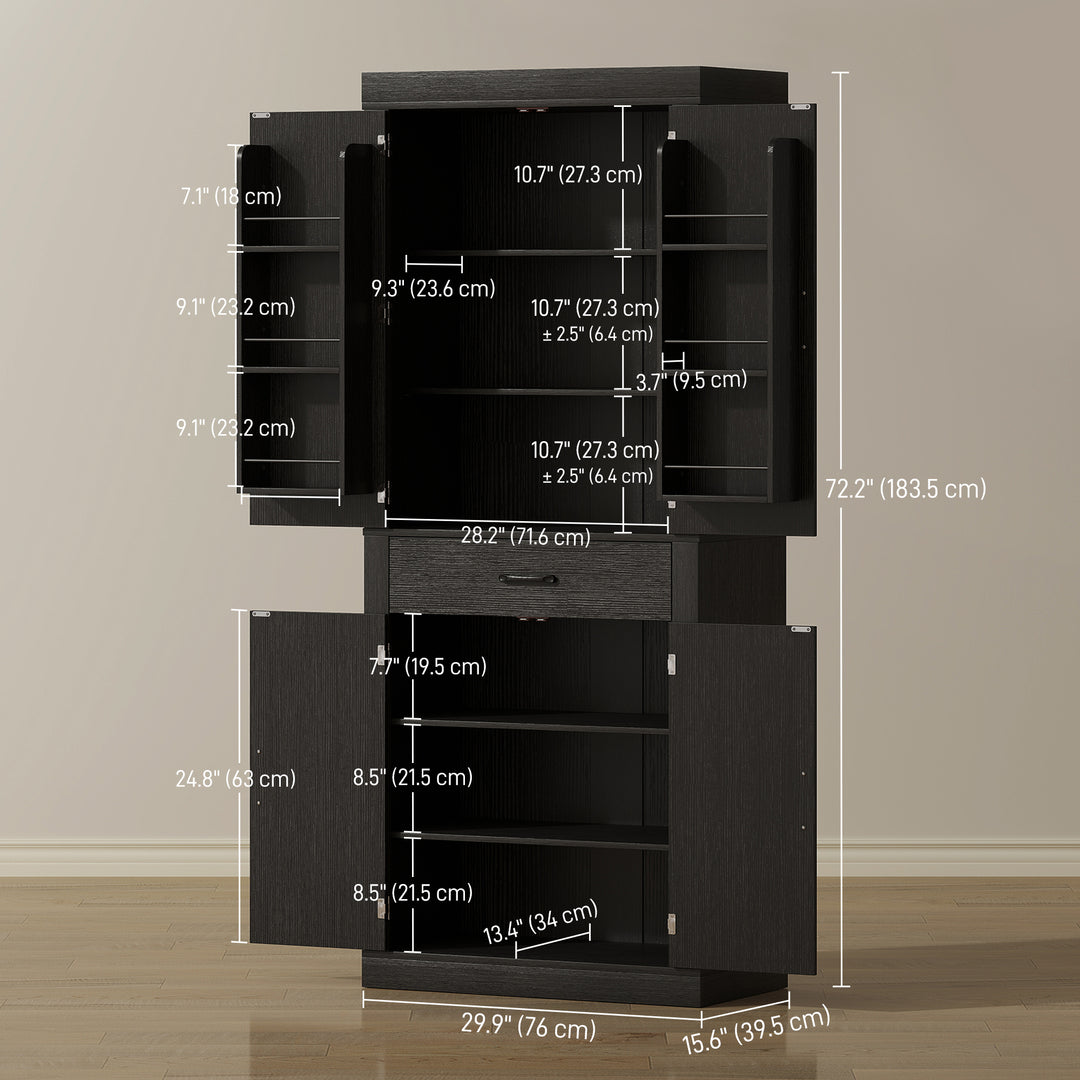 HOMCOM 72" Kitchen Pantry Cabinet, Farmhouse Kitchen Storage Cabinet with 4 Barn Doors, 6 Door Shelves, Drawer, Black