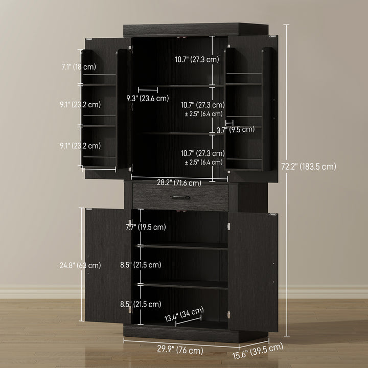 HOMCOM 72" Kitchen Pantry Cabinet, Farmhouse Kitchen Storage Cabinet with 4 Barn Doors, 6 Door Shelves, Drawer, Black