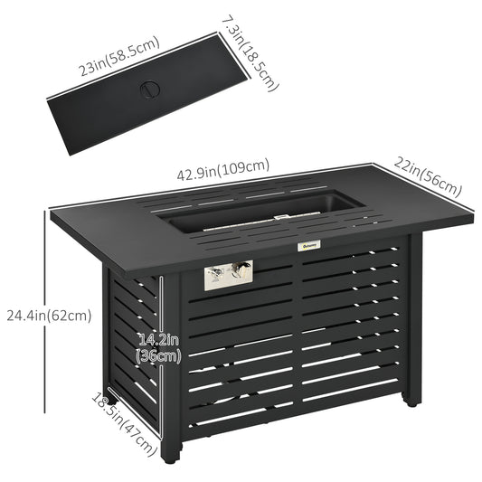 Outsunny Propane Gas Fire Pit Table, Outdoor Firepit with 43" Steel Tabletop and Lid, 50,000 BTU Pulse Ignition Fire Table w/ Stainless Steel Burner, Glass Wind Guard, and Cover