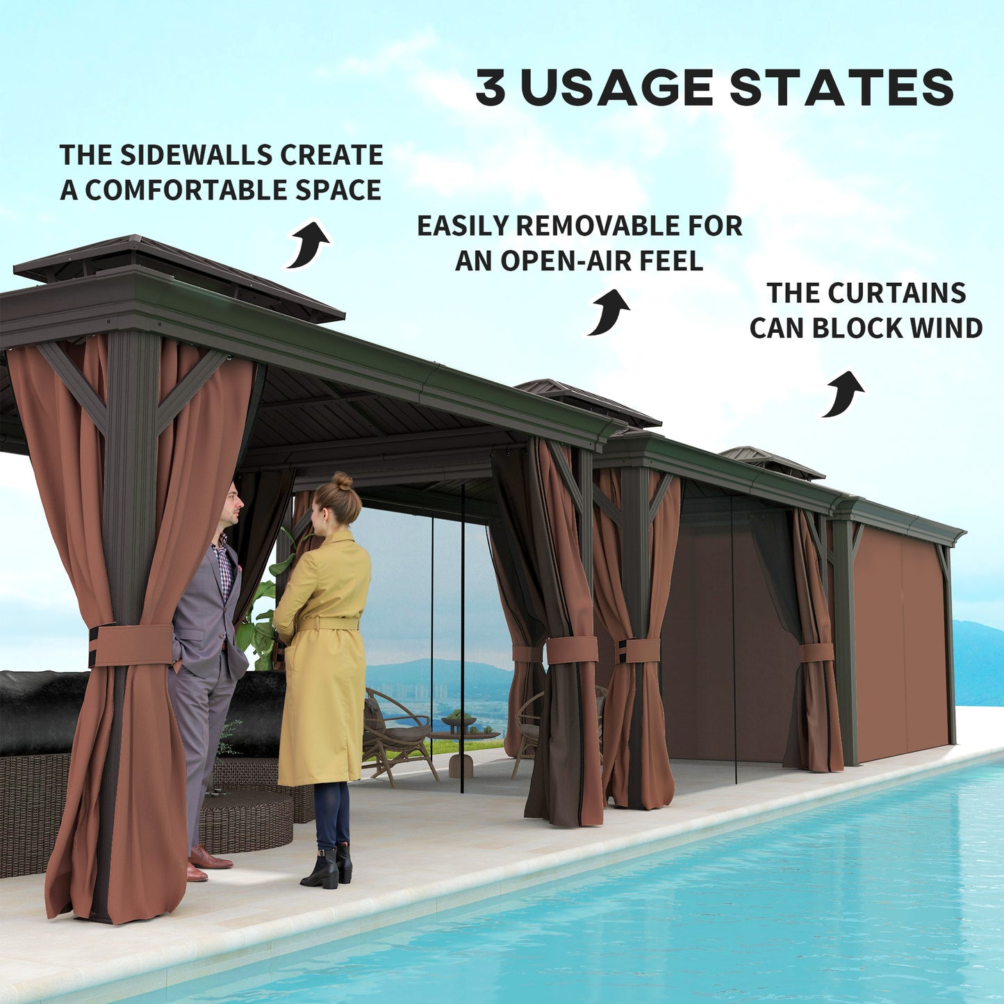 Outsunny 10' x 12' Outdoor Hardtop Gazebo with Galvanized Canopy & Netting Sidewalls for Lawn, Backyard, Dark Brown