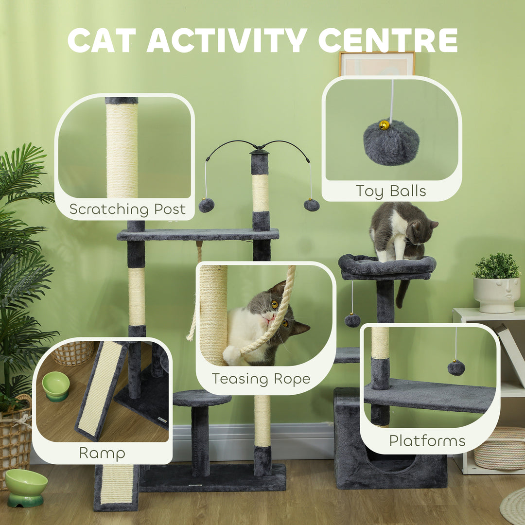 PawHut 53" Cat Tree, Cat Tower with Scratching Posts, Cat Condo, Beds, Platforms, Toy Balls for Indoor Cats, Dark Grey