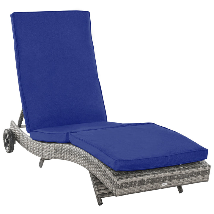 Outsunny Outdoor Adjustable Wicker Chaise Lounge Chair with Cushion & Wheels for Patio, Deck, Poolside, Sky Blue