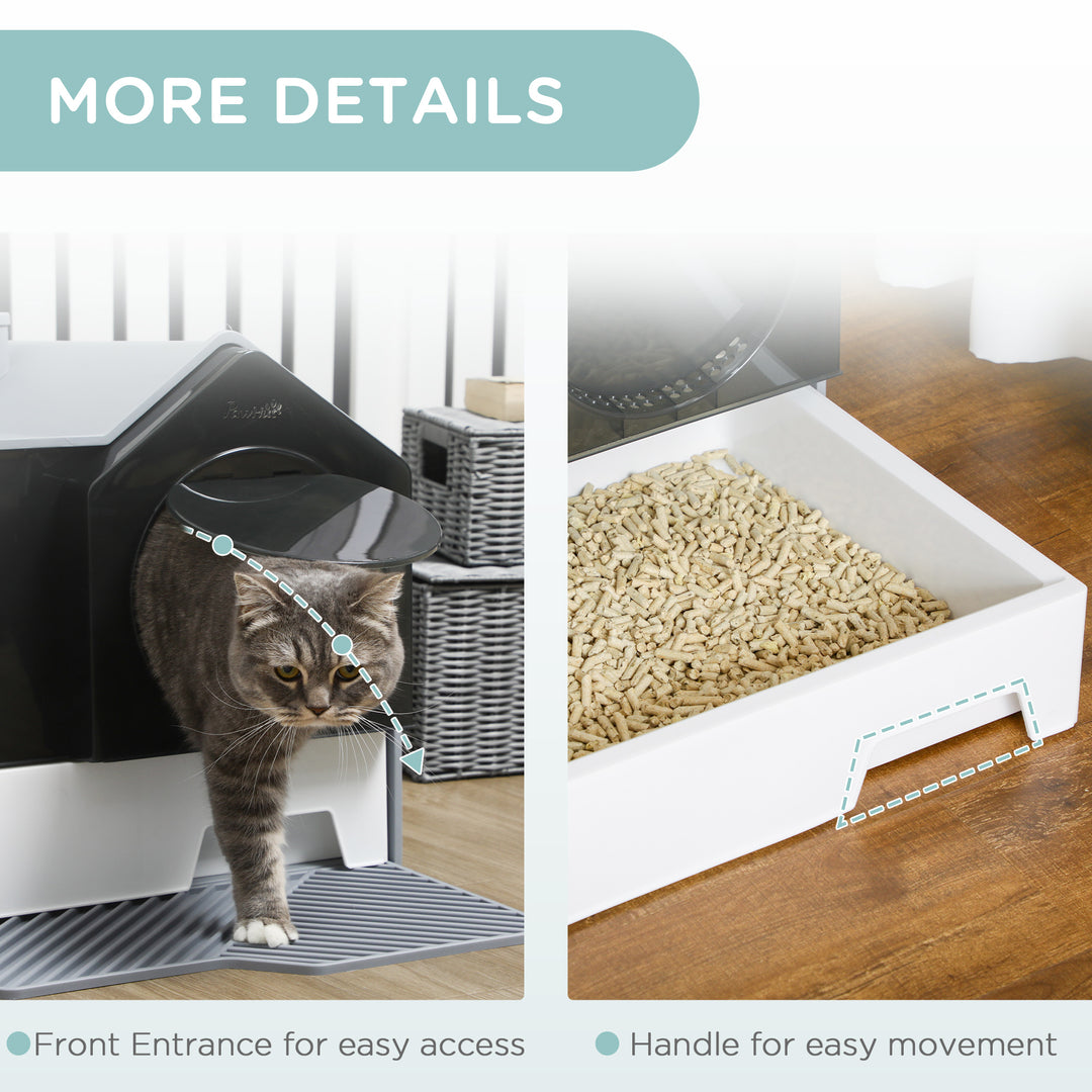 PawHut Hooded Cat Litter Box with Lid, Pull-Out Drawer, Handle, Scoop, Deodorizer Packs for Odor Control & Easy-Clean, Grey