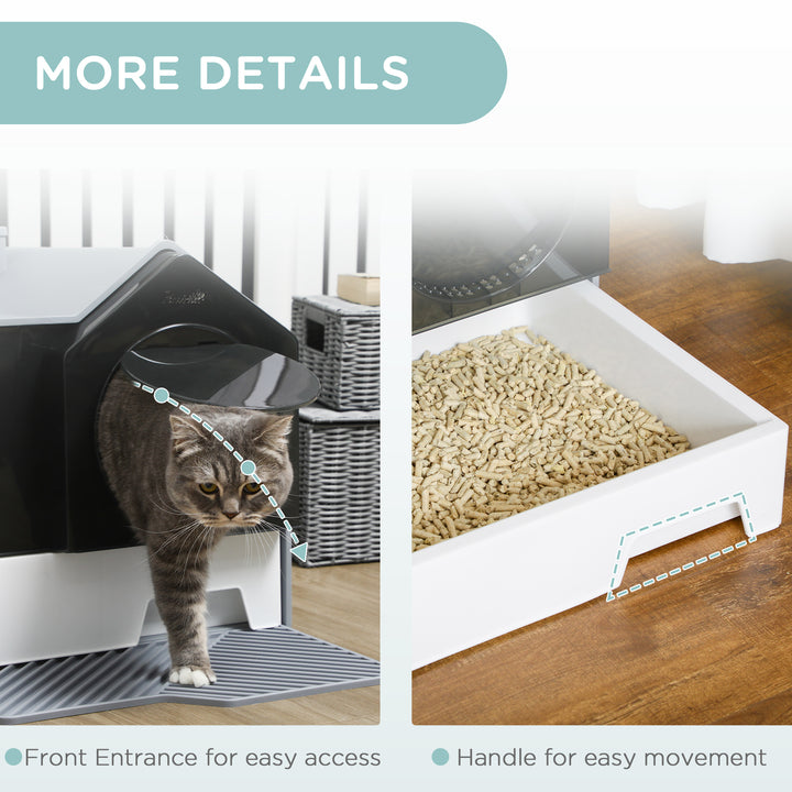 PawHut Hooded Cat Litter Box with Lid, Pull-Out Drawer, Handle, Scoop, Deodorizer Packs for Odor Control & Easy-Clean, Grey