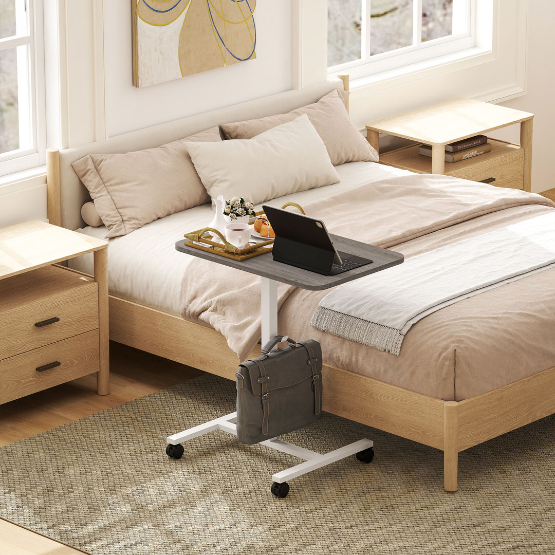 HOMCOM Height Adjustable Standing Desk, Pneumatic Sit Stand Desk with Wheels and Headphone Hook for Home Office, Natural