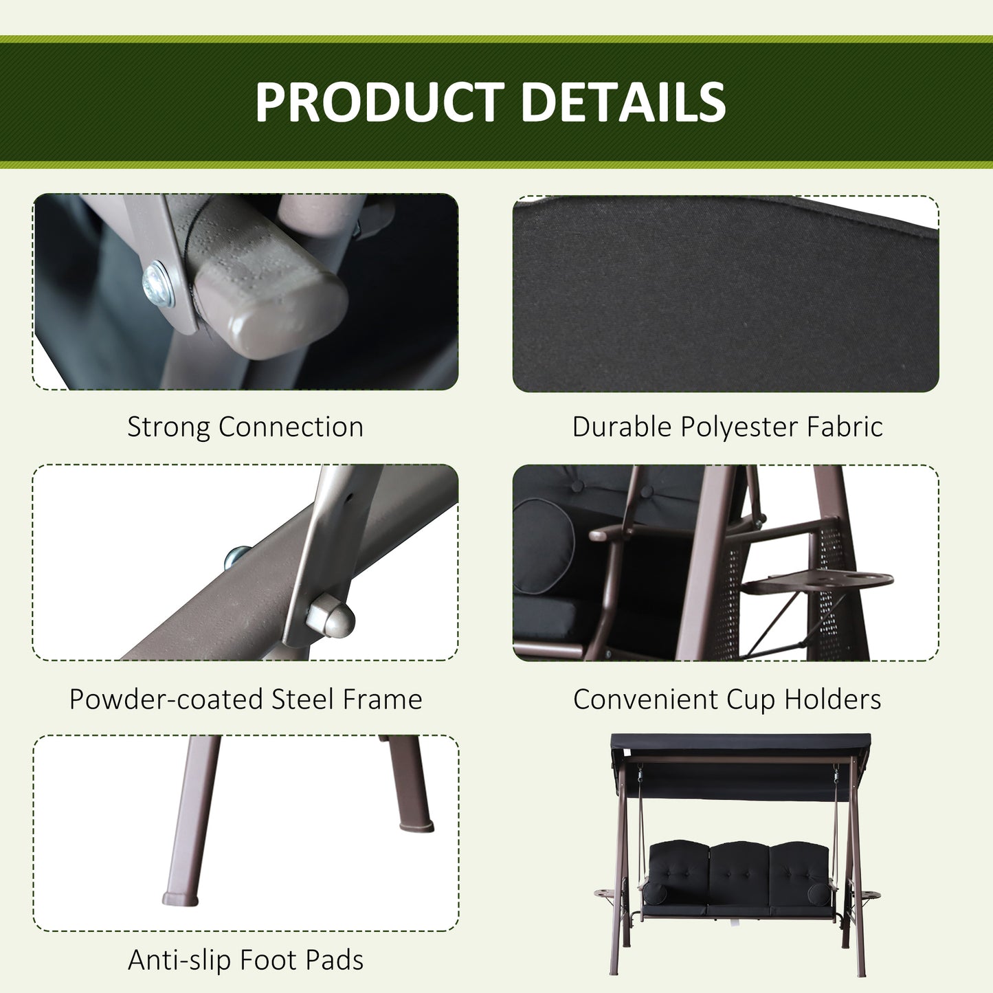 Outsunny Outdoor Patio 3-Person Steel Canopy Cushioned Seat Bench Swing with Included Side Trays & Padded Comfort, Black