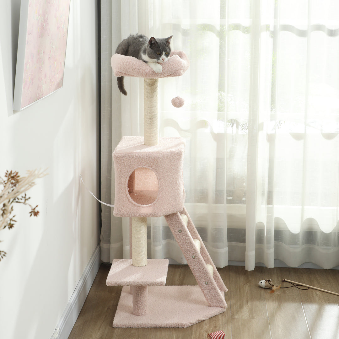 PawHut 47" Tall Cat Tree Tower with Condo, Ladder, Scratching Posts and Hanging Ball, Light Grey
