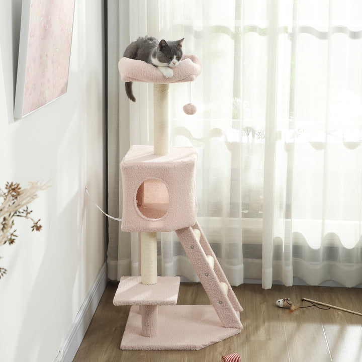 PawHut 47" Tall Cat Tree Tower with Condo, Ladder, Scratching Posts and Hanging Ball, Light Grey