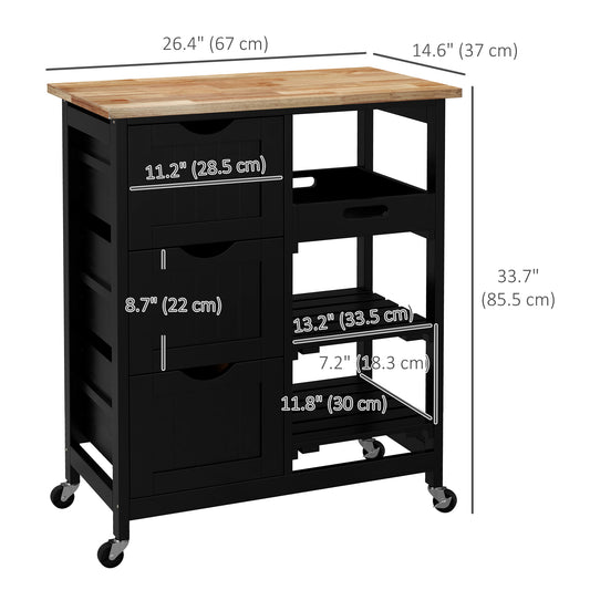 HOMCOM Kitchen Cart on Wheels, Rolling Kitchen Island Cart with Wood Top, 3 Drawers and Shelves for Home Dining Area, Black