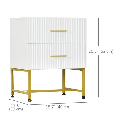 HOMCOM 2 Pieces Nightstands with Storage, Modern Bedside Tables with 2 Fluted Drawers and Gold Legs for Bedroom, White