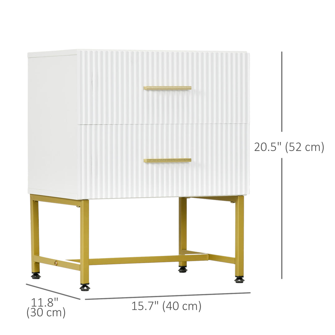 HOMCOM 2 Pieces Nightstands with Storage, Modern Bedside Tables with 2 Fluted Drawers and Gold Legs for Bedroom, White