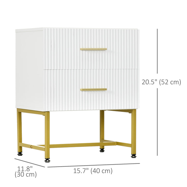 HOMCOM 2 Pieces Nightstands with Storage, Modern Bedside Tables with 2 Fluted Drawers and Gold Legs for Bedroom, White