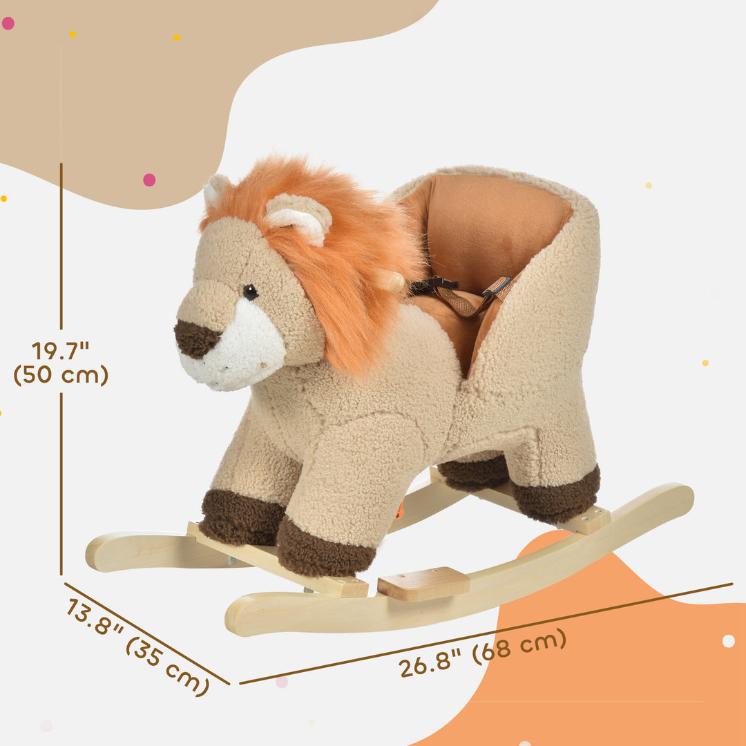 Qaba Baby Rocking Horse Lion Design Plush Stuffed Rocking Chair, Wooden Rocking Horse with Sound, Seat Belt for 18-36 Months Boys and Girls Gift, Brown