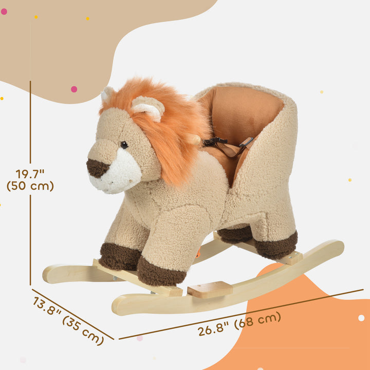 Qaba Baby Rocking Horse Lion Design Plush Stuffed Rocking Chair, Wooden Rocking Horse with Sound, Seat Belt for 18-36 Months Boys and Girls Gift, Brown
