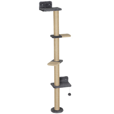 PawHut Cat Wall Shelves, Cat Wall Furniture with 4 Platforms, Jute Scratching Post for Indoor Playing, Climbing, Dark Grey