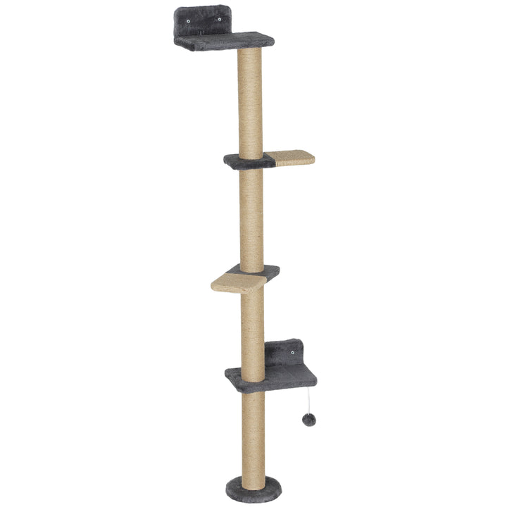 PawHut Cat Wall Shelves, Cat Wall Furniture with 4 Platforms, Jute Scratching Post for Indoor Playing, Climbing, Dark Grey