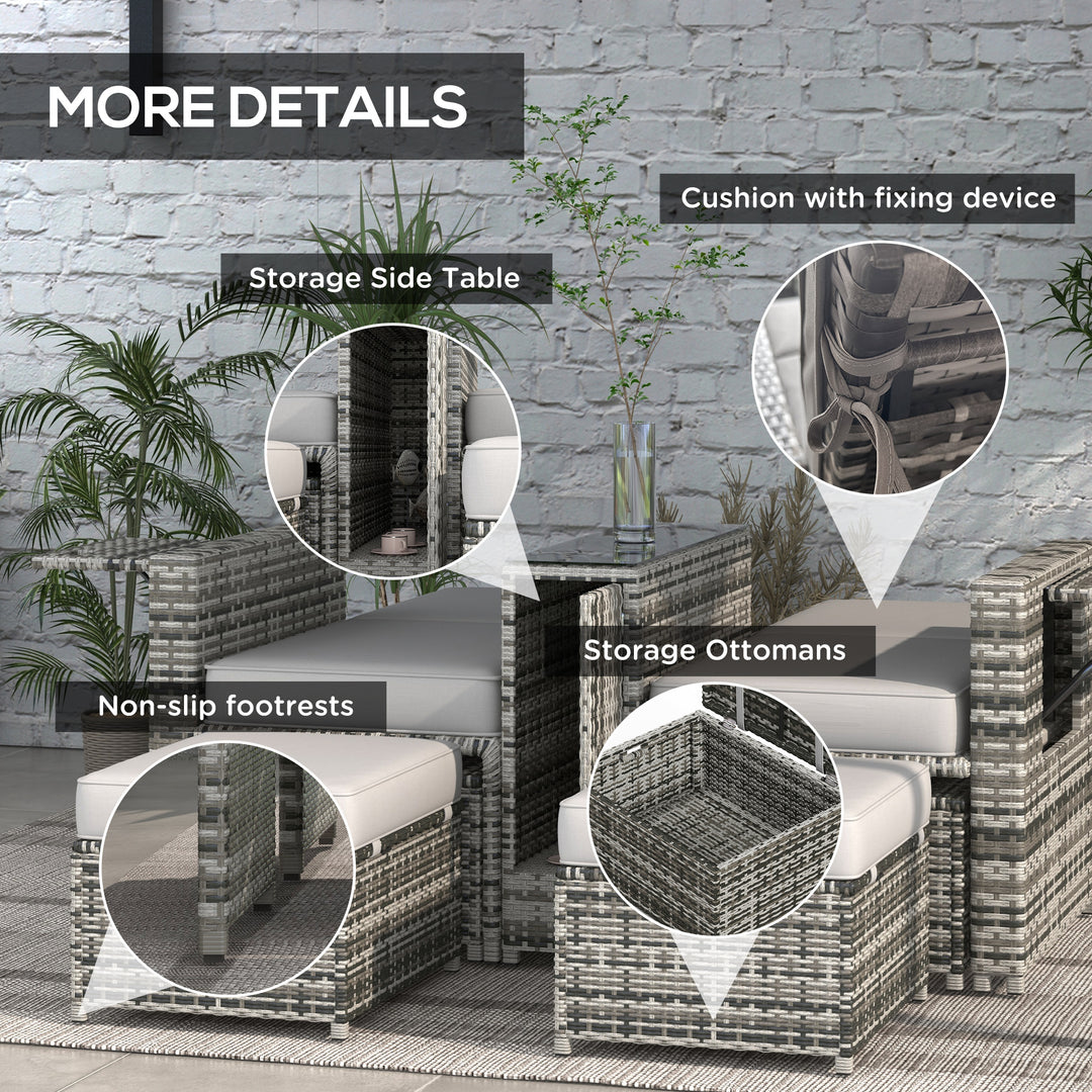 Outsunny 2 Piece Rattan Outdoor Daybed, 2 Seater Sofa Set with Footstool, Storage, Cushions and Pillows for Garden, Patio, Grey