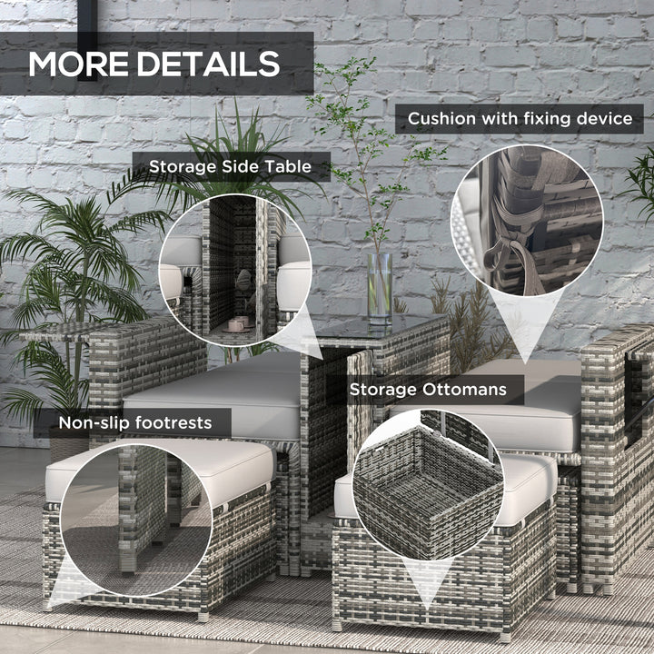 Outsunny 2 Piece Rattan Outdoor Daybed, 2 Seater Sofa Set with Footstool, Storage, Cushions and Pillows for Garden, Patio, Grey