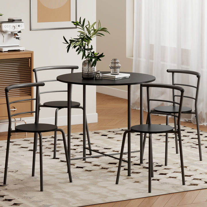 HOMCOM 5 Piece Dining Table Set, Space Saving Round Dining Set for 4 with Metal Frame for Small Spaces, Black Wood Grain