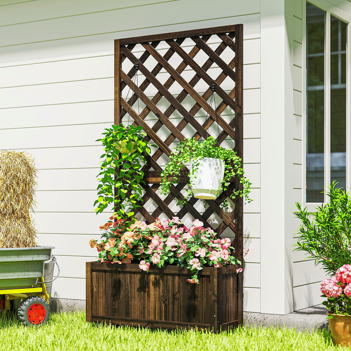 Outsunny 2.4 x 1 x 4.9 ft Garden Wooden Pine Trough Planter with Topped Trellis Climbing Plants Flower Raised Bed, Orange