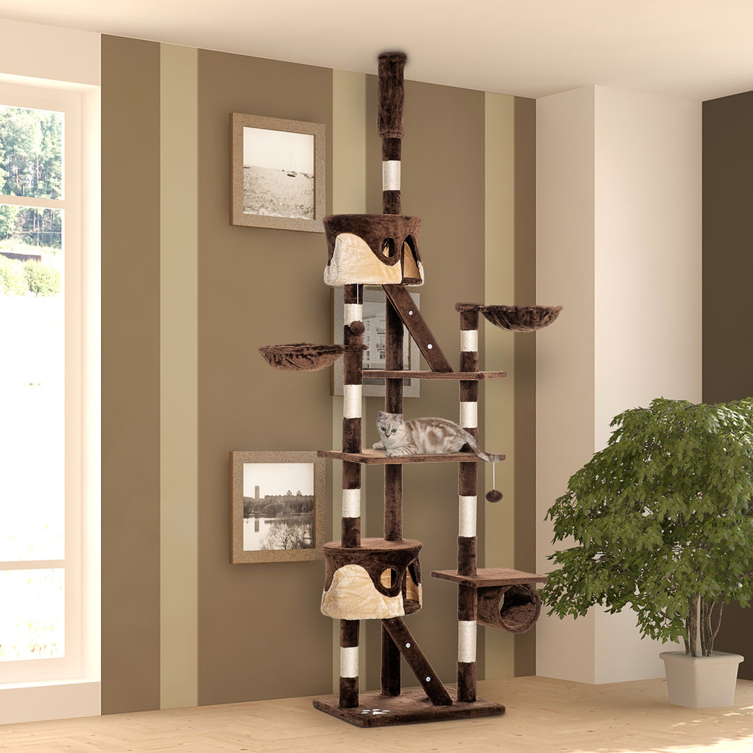 PawHut 94"-102" Huge Cat Tree Ceiling High Cat Condo Scratching Post Activity Center Multi-Level Play House