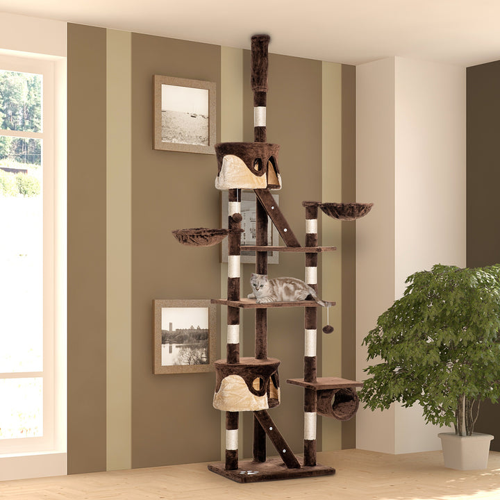 PawHut 94"-102" Huge Cat Tree Ceiling High Cat Condo Scratching Post Activity Center Multi-Level Play House