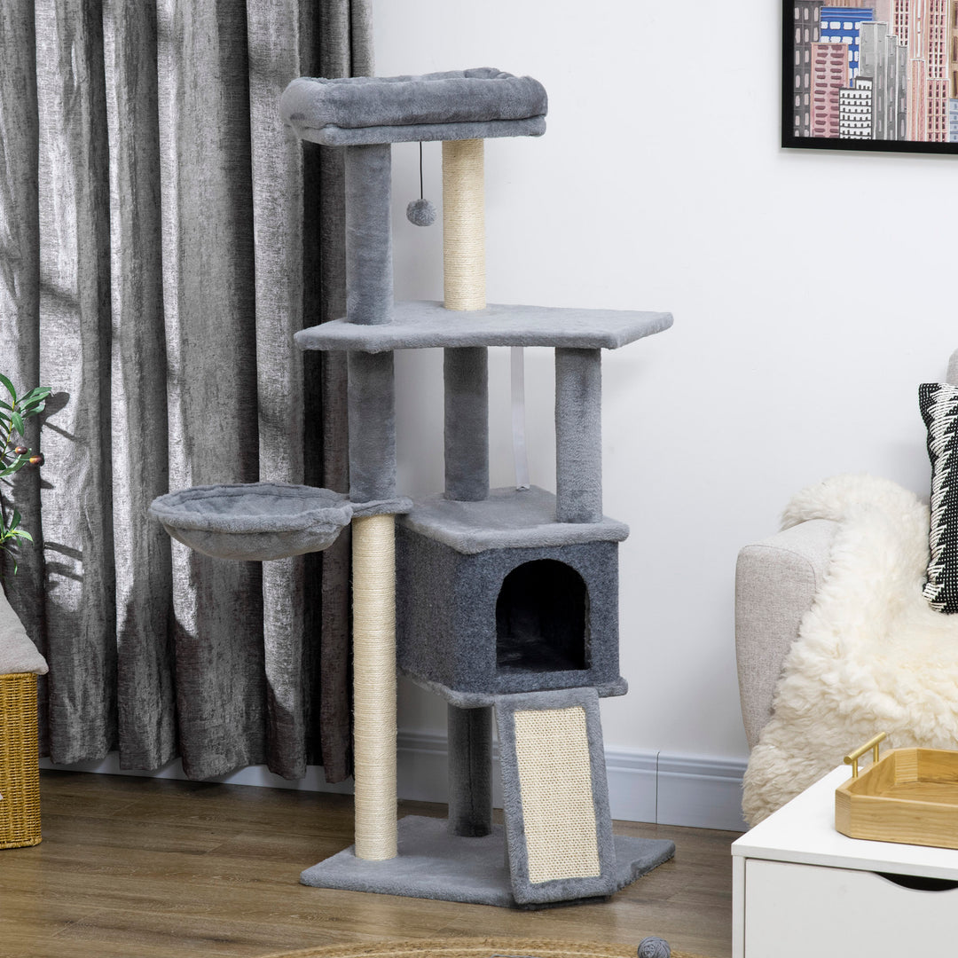 PawHut 50 Inch Cat Tree, Multi-Level Cat Tower with Sisal Scratching Posts and Ramp, Bed, Condo, Hammock, Toy Ball, Grey