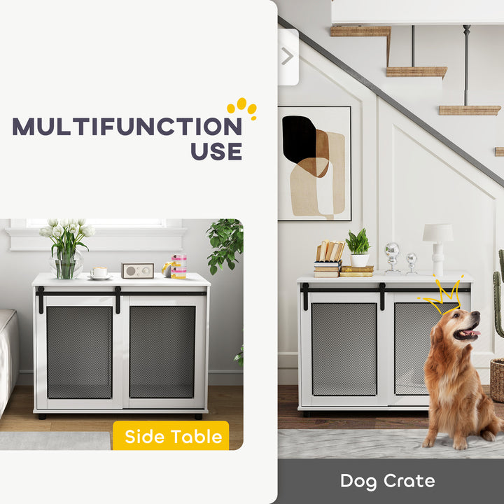 PawHut 39" Dog Crate Furniture with Sliding Barn Door, Furniture Style Dog Cage End Table for Large Dogs, White