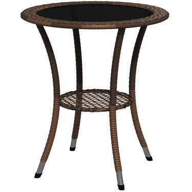 Outsunny Outdoor Rattan Dining Table, Patio Wicker Round Coffee Table with 2-Tier Storage Shelf, Brown