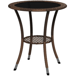 Outsunny Outdoor Rattan Dining Table, Patio Wicker Round Coffee Table with 2-Tier Storage Shelf, Brown