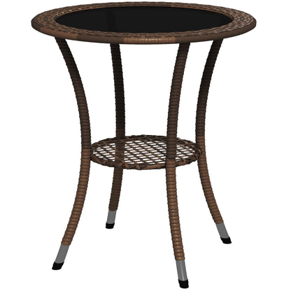 Outsunny Outdoor Rattan Dining Table, Patio Wicker Round Coffee Table with 2-Tier Storage Shelf, Brown