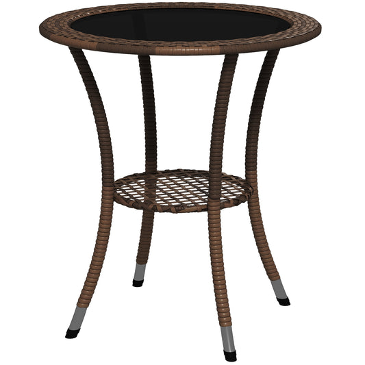 Outsunny Outdoor Rattan Dining Table, Patio Wicker Round Coffee Table with 2-Tier Storage Shelf, Brown