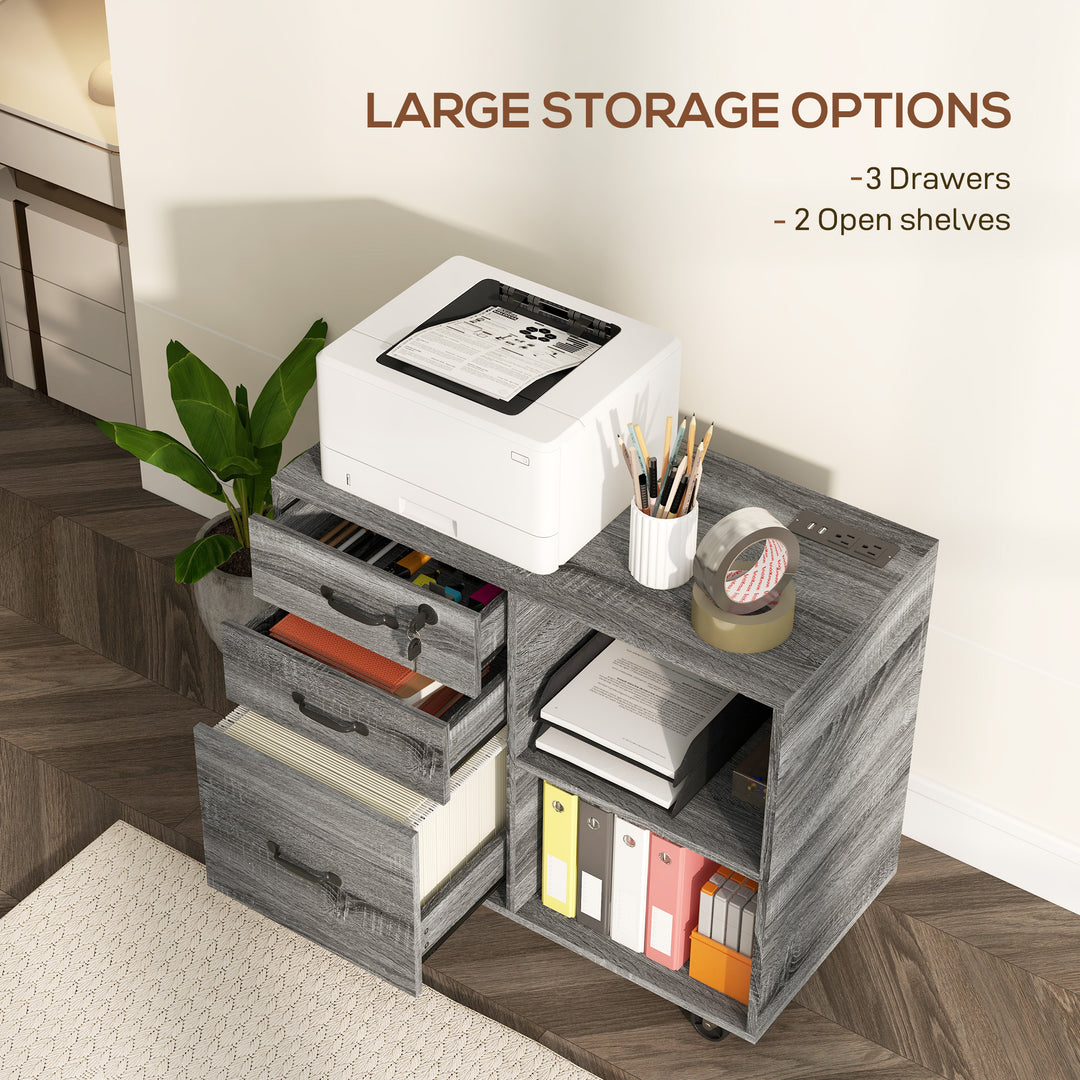 HOMCOM Mobile Printer Stand with Charging Station USB Ports Locking Filing Cabinet for A4 Letter Size Grey