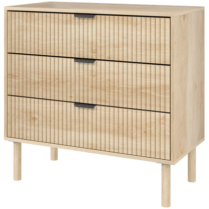 HOMCOM Bedroom Chest of Drawers, 3 Drawer Dresser with Fluted Panels and Solid Wood Legs, Storage Cabinet for Living Room, Oak