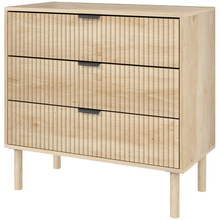 HOMCOM Bedroom Chest of Drawers, 3 Drawer Dresser with Fluted Panels and Solid Wood Legs, Storage Cabinet for Living Room, Oak