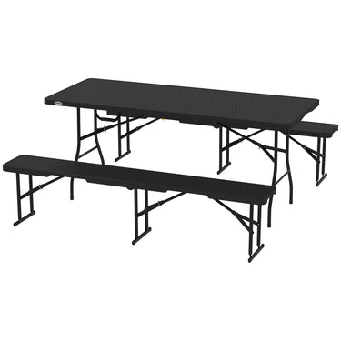 Outsunny 6FT 3PCS Faux Rattan Outdoor Camping Table Bench Set with Carrying Handles, Folding Picnic Table with 2 Benches, Black