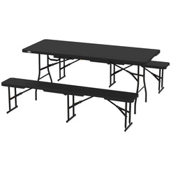 Outsunny 6FT 3PCS Faux Rattan Outdoor Camping Table Bench Set with Carrying Handles, Folding Picnic Table with 2 Benches, Black