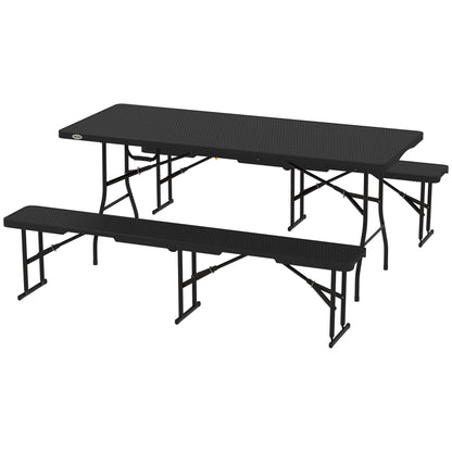Outsunny 6FT 3PCS Faux Rattan Outdoor Camping Table Bench Set with Carrying Handles, Folding Picnic Table with 2 Benches, Black