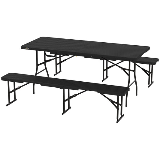 Outsunny 6FT 3PCS Faux Rattan Outdoor Camping Table Bench Set with Carrying Handles, Folding Picnic Table with 2 Benches, Black