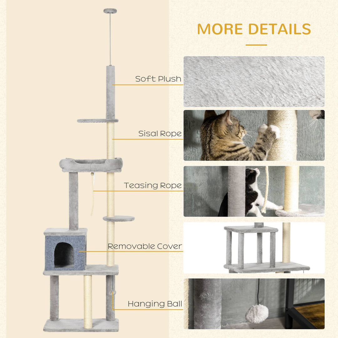 PawHut Cat Tree Floor to Ceiling Cat Tower Height Adjustable( 85-101 Inches), Tall Large Cat Climbing Activity Center with Scratching Posts Cat Condo Cozy Bed, Grey